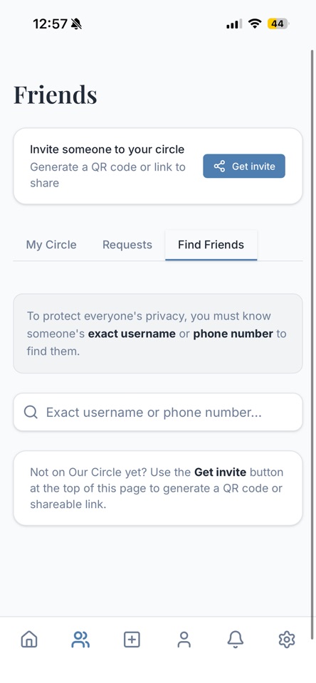 Friends screen with an Invite someone to your circle card and a Get invite button