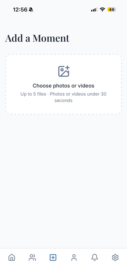 Add a Moment screen for choosing photos or short videos